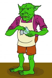 A goblin in an apron cleans a pint glass.